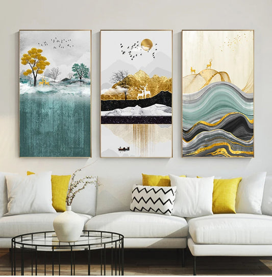 Auspicious Golden Deer Mountain Abstract Landscape Wall Art Fine Art Canvas Prints - Pictures For Living Room Dining Room Light Luxury Art For Modern Interiors