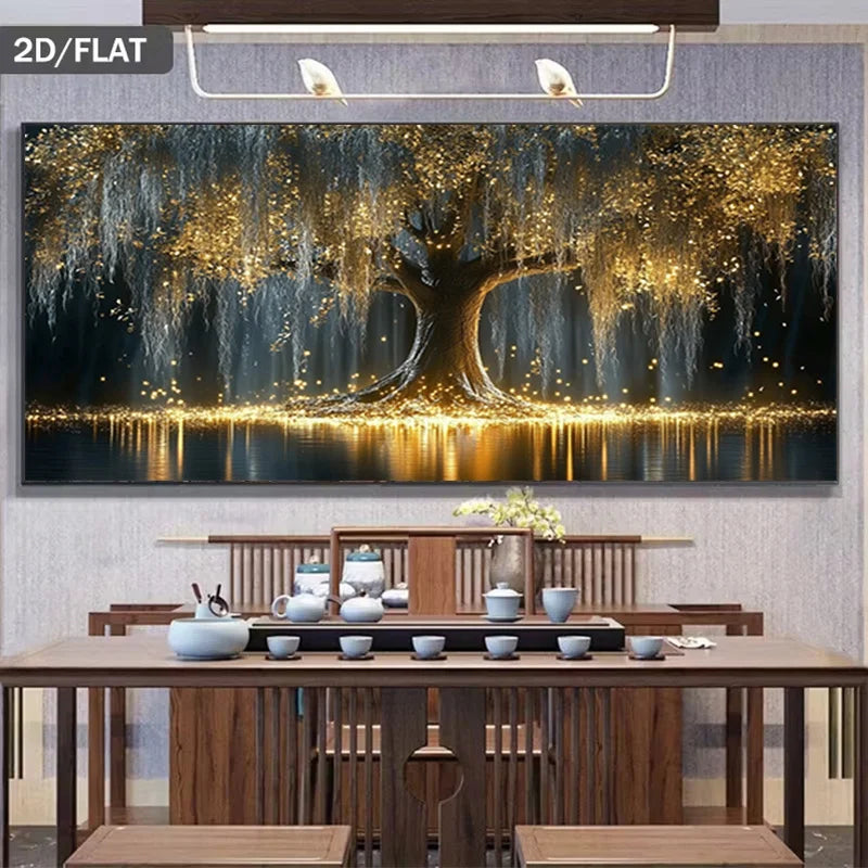 A large wall art piece showing a glowing tree with golden light reflections, displayed above a wooden dining table with a tea set in a modern interior setting.