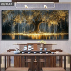 A large wall art piece showing a glowing tree with golden light reflections, displayed above a wooden dining table with a tea set in a modern interior setting.