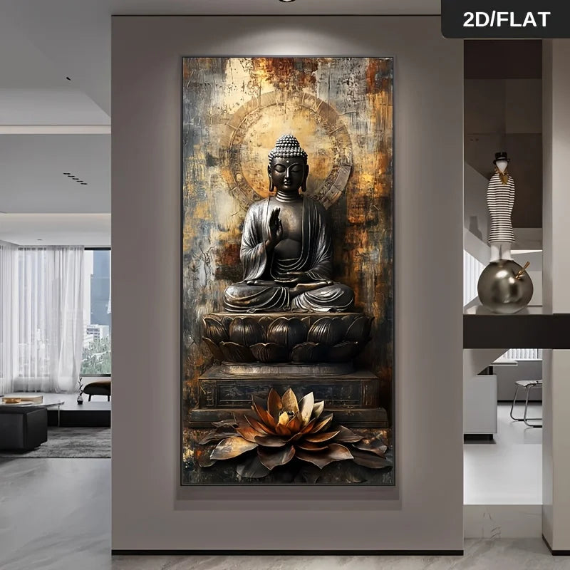 Decorative wall art of a Buddha statue with lotus flower in a modern interior setting.