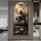 Decorative wall art of a Buddha statue with lotus flower in a modern interior setting.