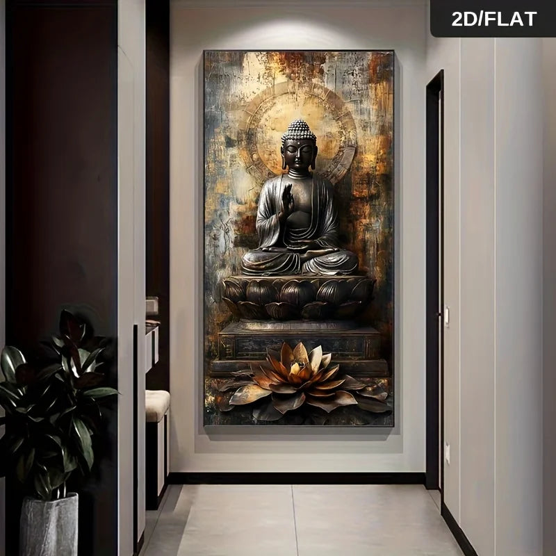 Decorative wall art of a Buddha statue with lotus flower in a modern interior setting.