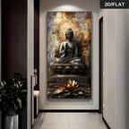 Decorative wall art of a Buddha statue with lotus flower in a modern interior setting.
