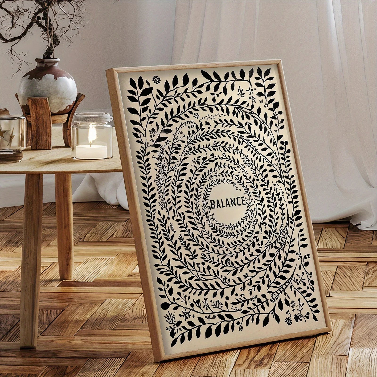 Balance Botanical Mandala Canvas Print Wall Art – Minimalist Black Leaf Circle Design on Neutral Beige Background for Modern Living Room, Bedroom & Scandinavian Home Décor 