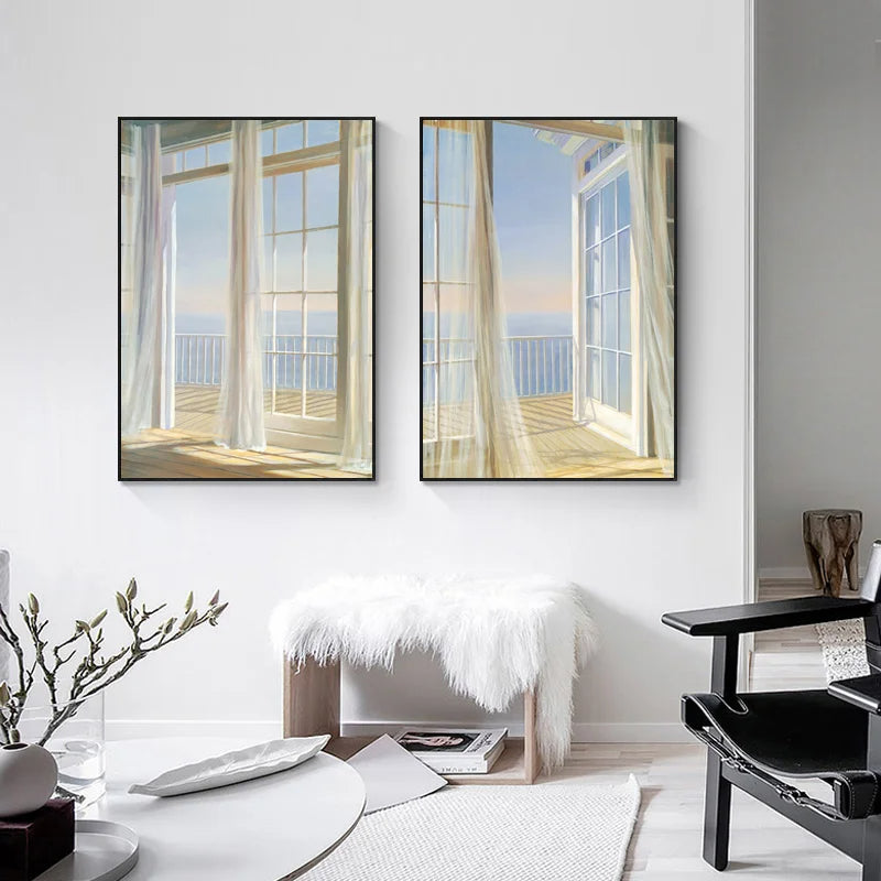 Balcony Blue Sea View Seascape Wall Art Fine Art Canvas Print - Inspirational Scenery Pictures For Living Room Foyer Modern Reception Room Art Decor