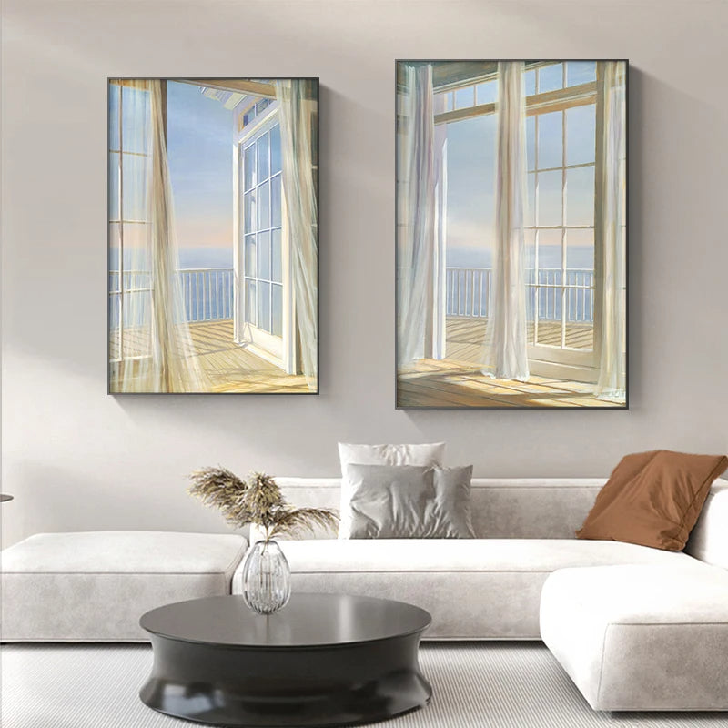 Balcony Blue Sea View Seascape Wall Art Fine Art Canvas Print - Inspirational Scenery Pictures For Living Room Foyer Modern Reception Room Art Decor