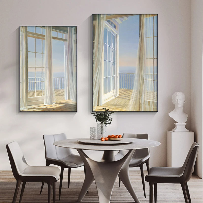 Balcony Blue Sea View Seascape Wall Art Fine Art Canvas Print - Inspirational Scenery Pictures For Living Room Foyer Modern Reception Room Art Decor