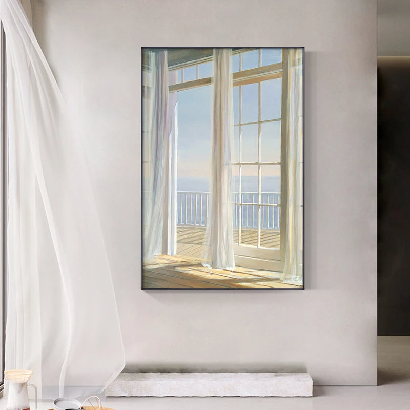 Balcony Blue Sea View Seascape Wall Art Fine Art Canvas Print - Inspirational Scenery Pictures For Living Room Foyer Modern Reception Room Art Decor