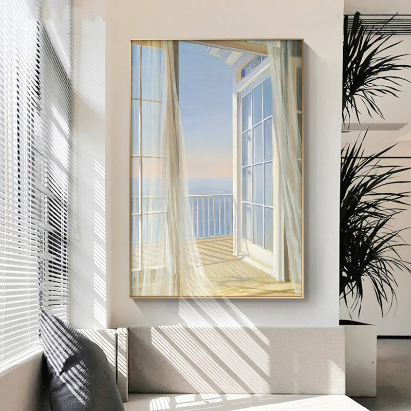 Balcony Blue Sea View Seascape Wall Art Fine Art Canvas Print - Inspirational Scenery Pictures For Living Room Foyer Modern Reception Room Art Decor