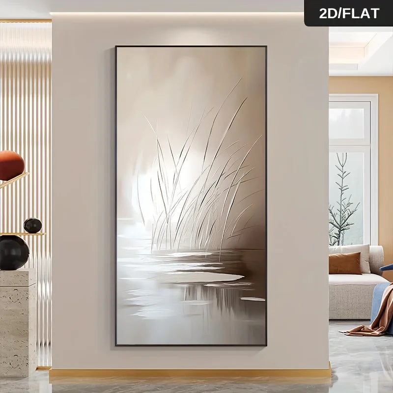 Abstract art painting of grasses and water on a wall in a modern living room.