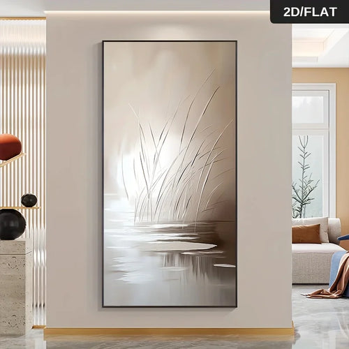 Abstract art painting of grasses and water on a wall in a modern living room.