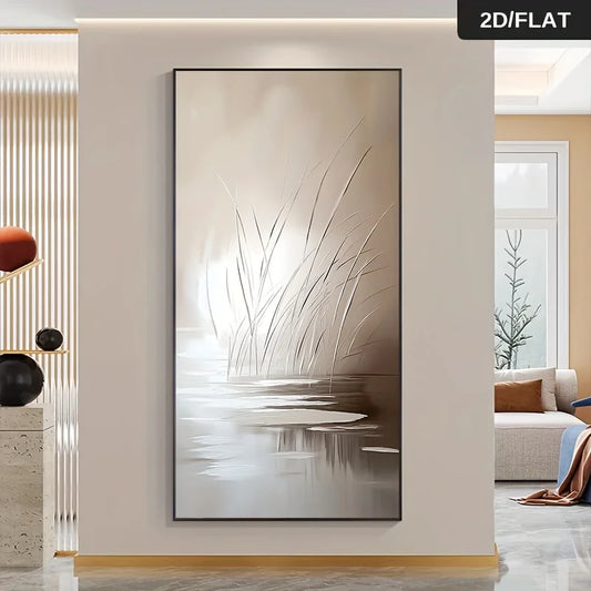 Abstract art painting of grasses and water on a wall in a modern living room.