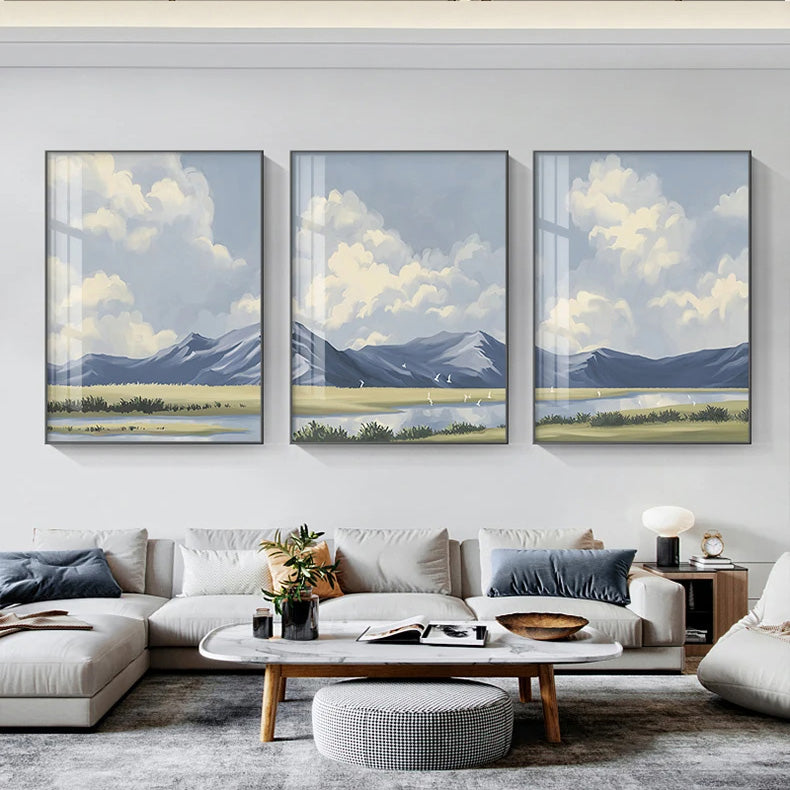 Big Blue Sky Mountain Lake Landscape Wall Art Fine Art Canvas Prints - Colorful Scenic Pictures For Living Room Bedroom Hotel Room Art For Modern Home Decor.