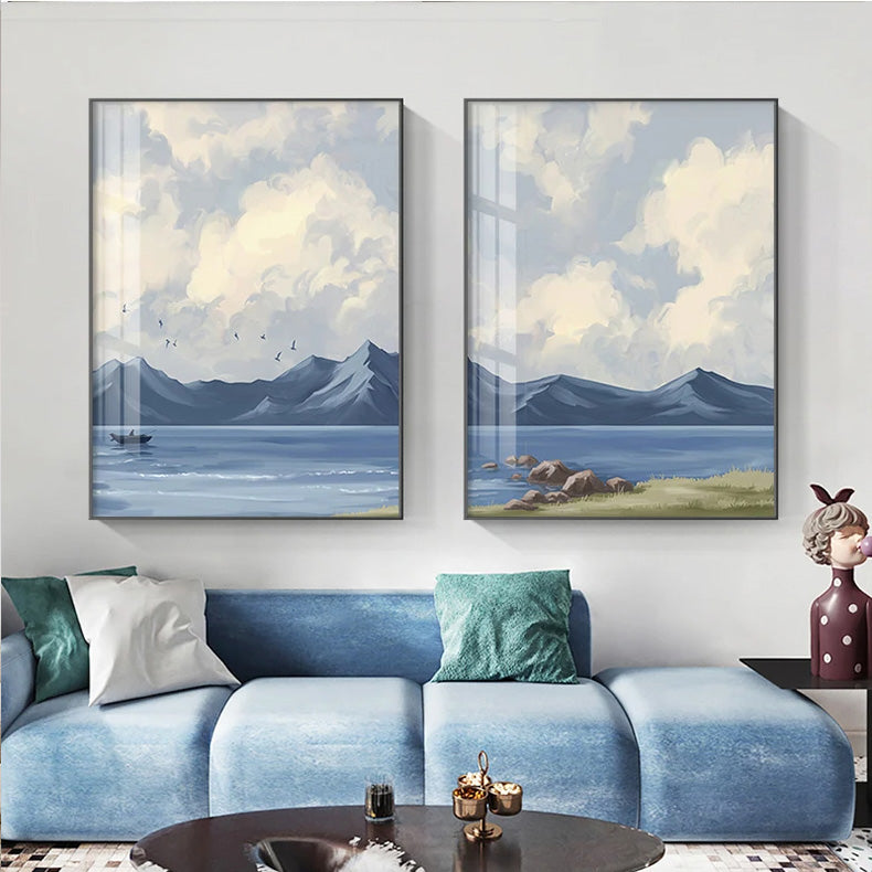 Big Blue Sky Mountain Lake Landscape Wall Art Fine Art Canvas Prints - Colorful Scenic Pictures For Living Room Bedroom Hotel Room Art For Modern Home Decor.