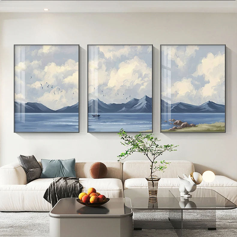 Big Blue Sky Mountain Lake Landscape Wall Art Fine Art Canvas Prints - Colorful Scenic Pictures For Living Room Bedroom Hotel Room Art For Modern Home Decor.