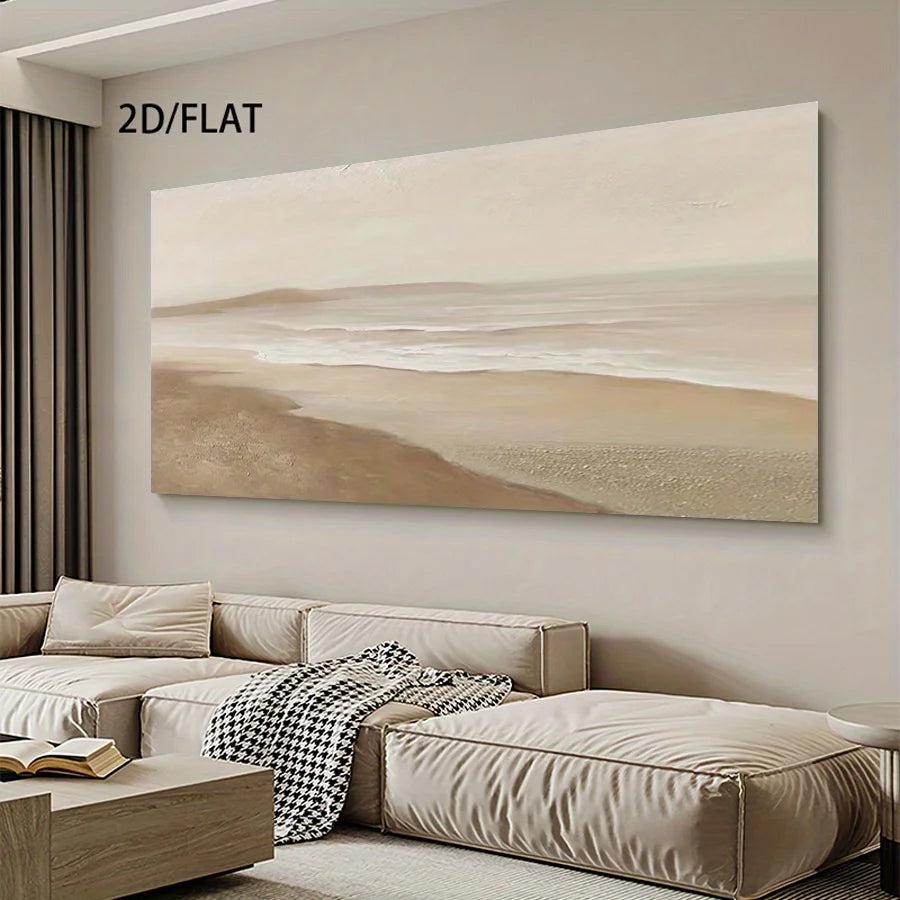 Big Sizes Minimalist Beige Coastal Wall Art – Soft Sand & Gentle Wave Seascape – Modern Unframed Canvas Print for Contemporary Living Room Décor