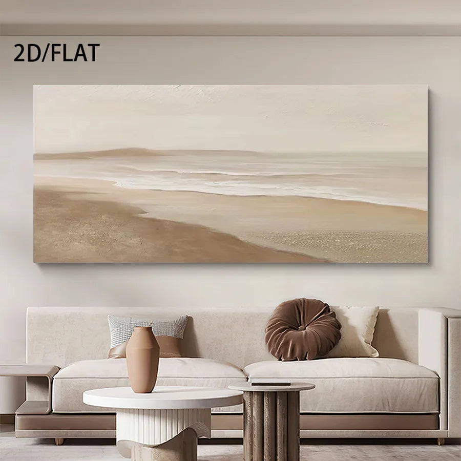 Beige abstract painting on a wall above a beige sofa in a living room.