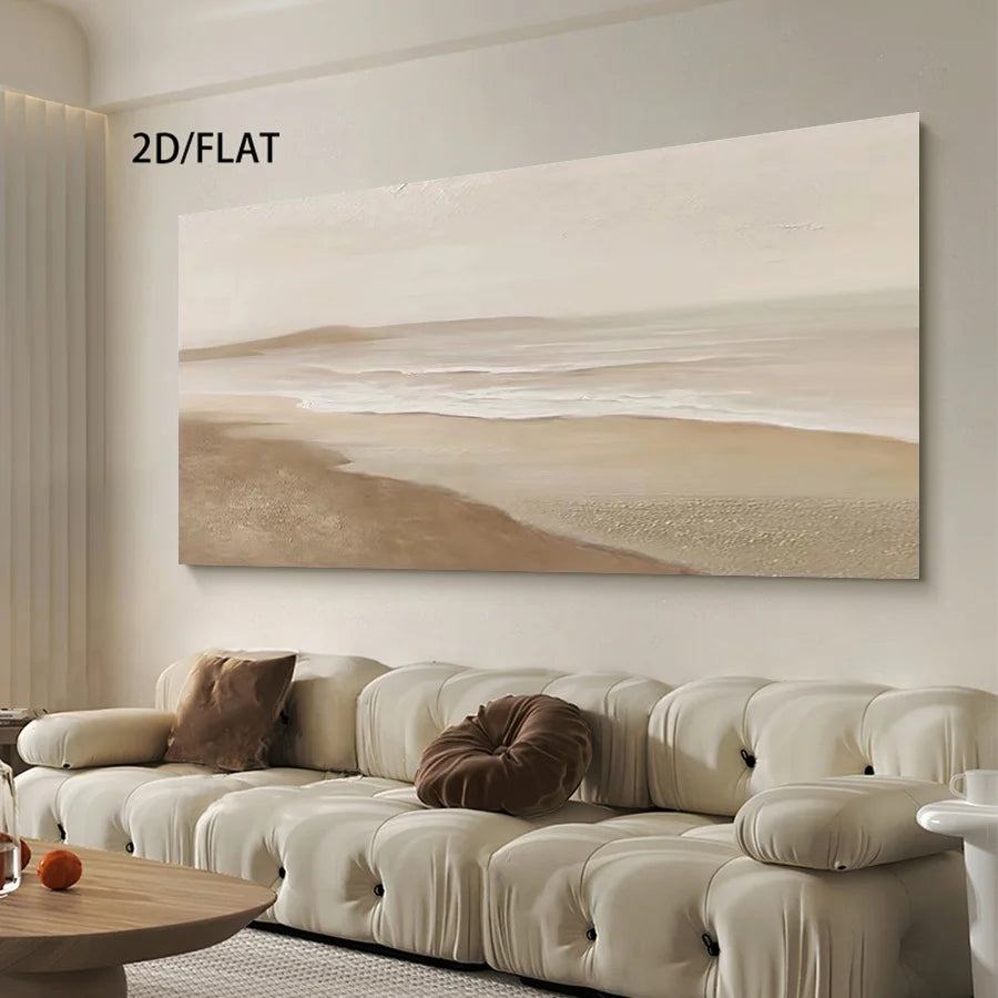 Big Sizes Minimalist Beige Coastal Wall Art – Soft Sand & Gentle Wave Seascape – Modern Unframed Canvas Print for Contemporary Living Room Décor