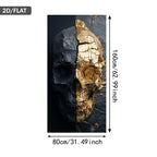 A rectangular wall art print showing a split skull design, with one half in dark charcoal/black and the other in metallic gold/bronze. Black dimension arrows and text indicate 80cm by 160cm (31.