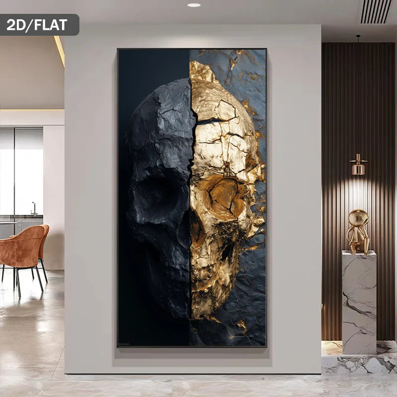 Black & Gold Split Skull Wall Art – Modern Textured Abstract Relic Design Canvas Print Artwork for Bold Living Room & Luxury Statement Home Decor