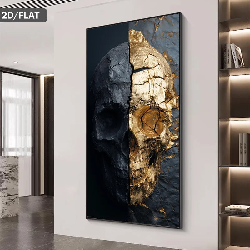 Black & Gold Split Skull Wall Art – Modern Textured Abstract Relic Design Canvas Print Artwork for Bold Living Room & Luxury Statement Home Decor