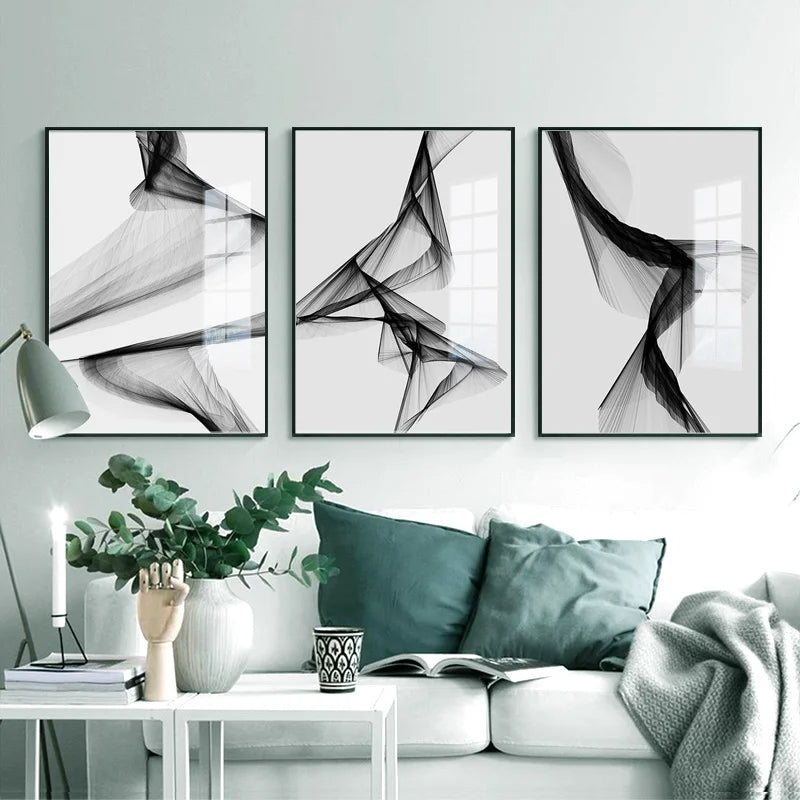 Black White Flowing Lines Abstract Minimalist Wall Art Fine Art Canvas Prints - Pictures For Modern Apartment Living Room Dining Room Art For Contemporary Interiors