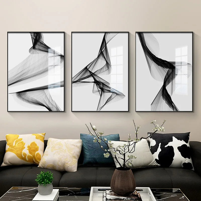Black White Flowing Lines Abstract Minimalist Wall Art Fine Art Canvas Prints - Pictures For Modern Apartment Living Room Dining Room Art For Contemporary Interiors