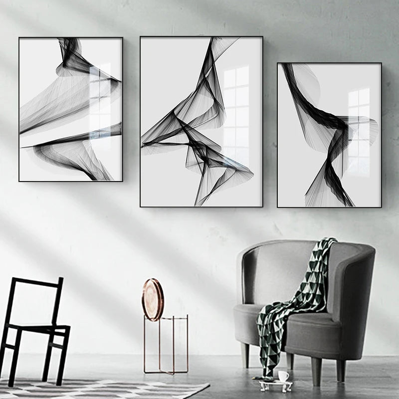 Black White Flowing Lines Abstract Minimalist Wall Art Fine Art Canvas Prints - Pictures For Modern Apartment Living Room Dining Room Art For Contemporary Interiors