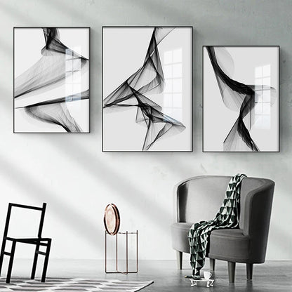 Black White Flowing Lines Abstract Minimalist Wall Art Fine Art Canvas Prints - Pictures For Modern Apartment Living Room Dining Room Art For Contemporary Interiors