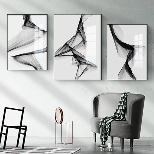 Black White Flowing Lines Abstract Minimalist Wall Art Fine Art Canvas Prints - Pictures For Modern Apartment Living Room Dining Room Art For Contemporary Interiors