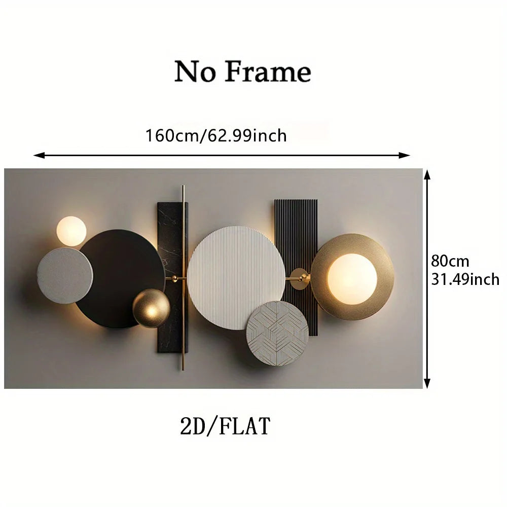 Wall-mounted abstract geometric light fixture with circular and oval panels, shown with dimension labels reading 160cm by 80cm and the text 'No Frame' and '2D/FLAT'.