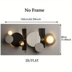 Wall-mounted abstract geometric light fixture with circular and oval panels, shown with dimension labels reading 160cm by 80cm and the text 'No Frame' and '2D/FLAT'.