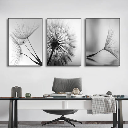 Black White Minimalist Dandelion Abstract Wall Art Fine Art Canvas Prints - Simple Lifestyle Art For Modern Apartment Living Room Dining Room Bedroom Art Decor