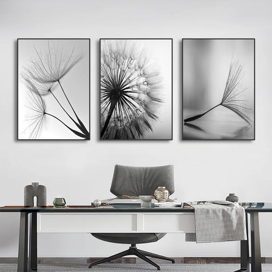 Black White Minimalist Dandelion Abstract Wall Art Fine Art Canvas Prints - Simple Lifestyle Art For Modern Apartment Living Room Dining Room Bedroom Art Decor