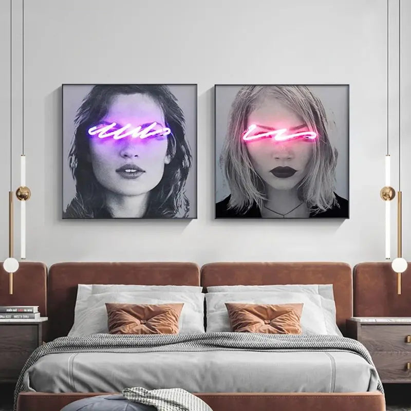 Black White Neon Fashion Model Wall Art Square Format Fine Art Canvas Prints - Modern Art For Boutique Studio Salon Art Decor