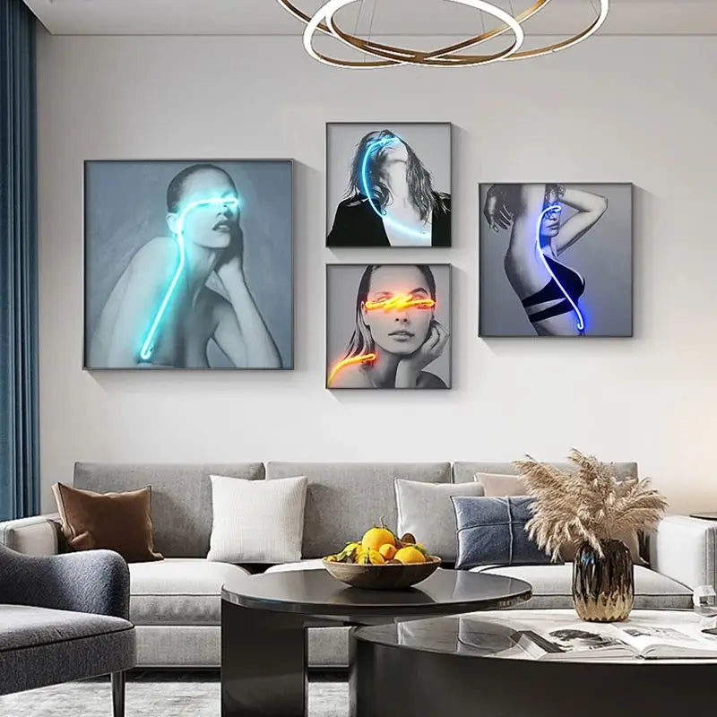 Black White Neon Fashion Model Wall Art Square Format Fine Art Canvas Prints - Modern Art For Boutique Studio Salon Art Decor