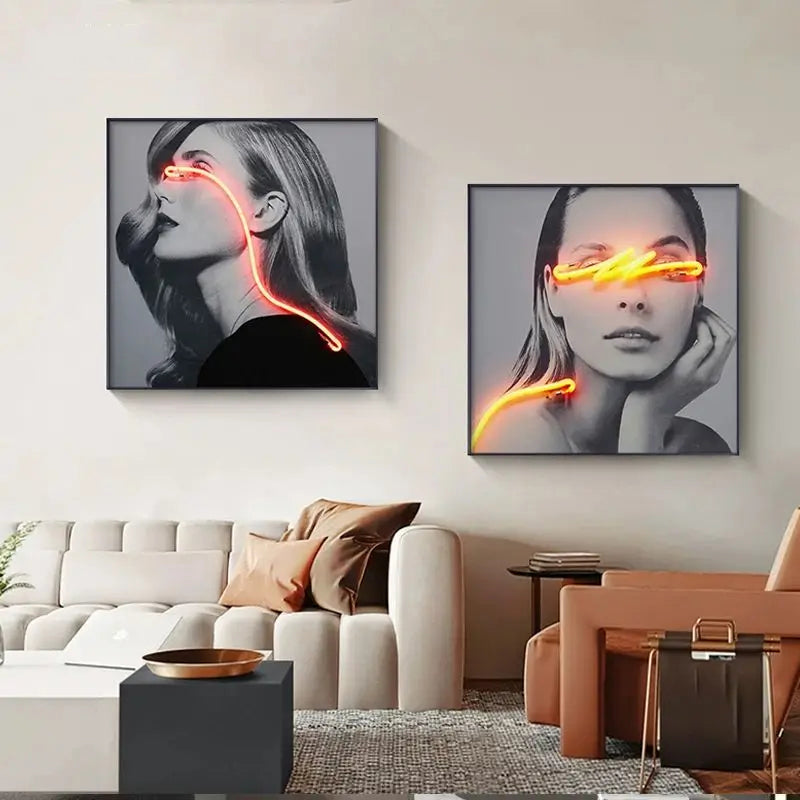 Black White Neon Fashion Model Wall Art Square Format Fine Art Canvas Prints - Modern Art For Boutique Studio Salon Art Decor