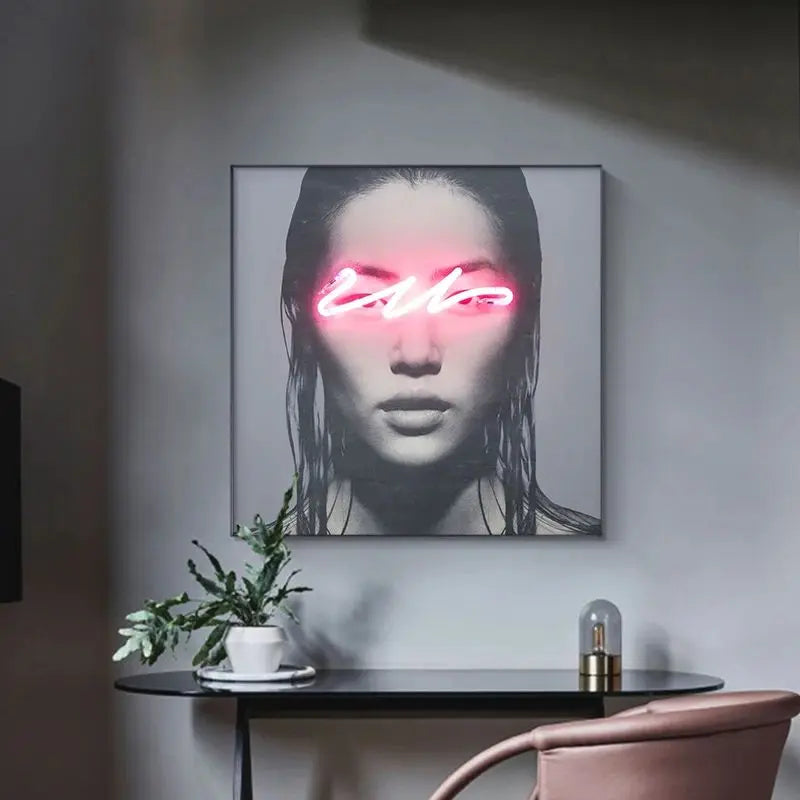 Black White Neon Fashion Model Wall Art Square Format Fine Art Canvas Prints - Modern Art For Boutique Studio Salon Art Decor