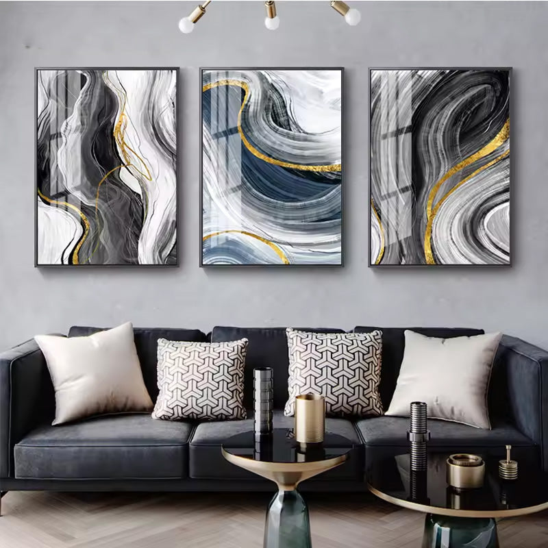 Blue Grey Golden Flowing Abstract Wall Art Fine Art Canvas Prints - Modern Artworks For Living Room Dining Room Bedroom Art For Light Luxury Home Decor