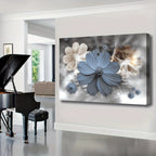 A square canvas wall art print featuring large blue, cream, and brown flowers on a soft gray background, displayed on a white wall in a modern living room next to a black grand piano.