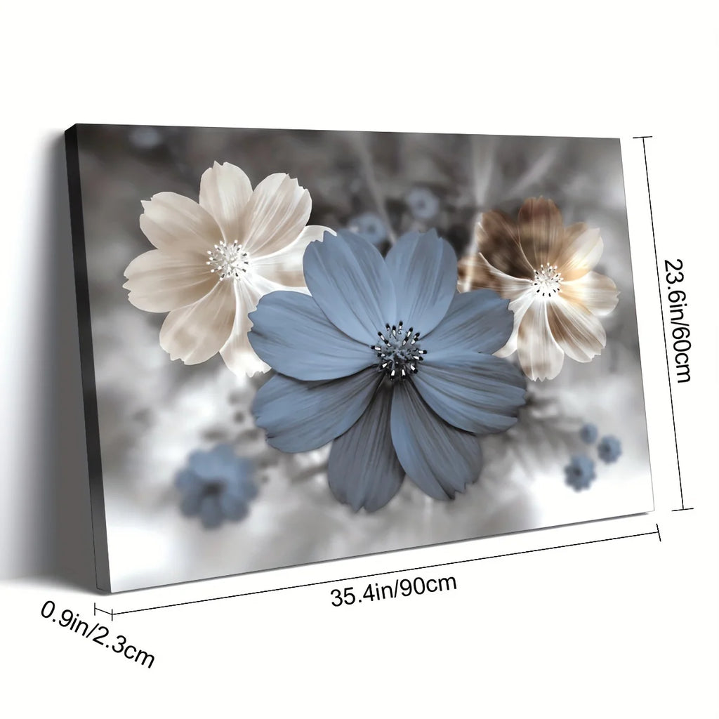 A rectangular wall art canvas showing three stylized flowers in soft grayscale tones, with dimension lines and labels indicating 35.4 in/90 cm width, 23.