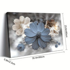 A rectangular wall art canvas showing three stylized flowers in soft grayscale tones, with dimension lines and labels indicating 35.4 in/90 cm width, 23.