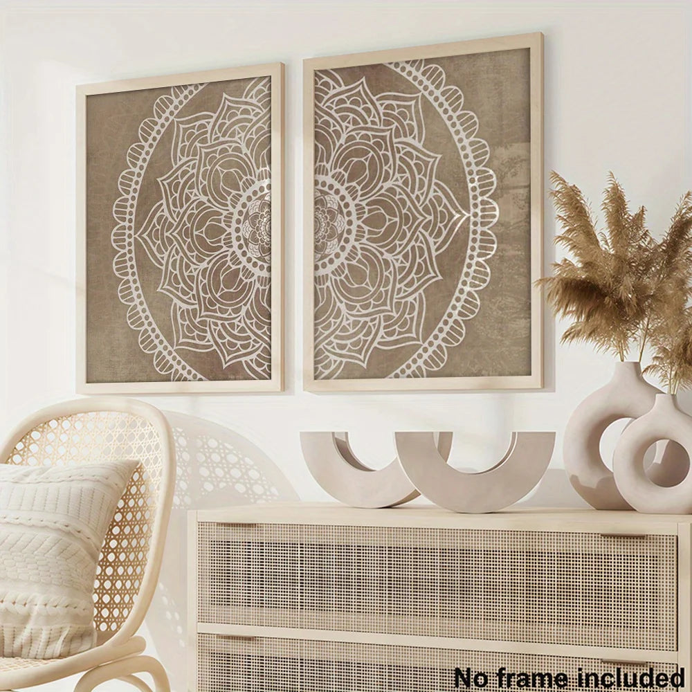 Boho White Mandala Canvas Print Set – Neutral Beige Unframed Wall Art for Modern Living Room, Bedroom & Scandinavian Minimalist Home Décor