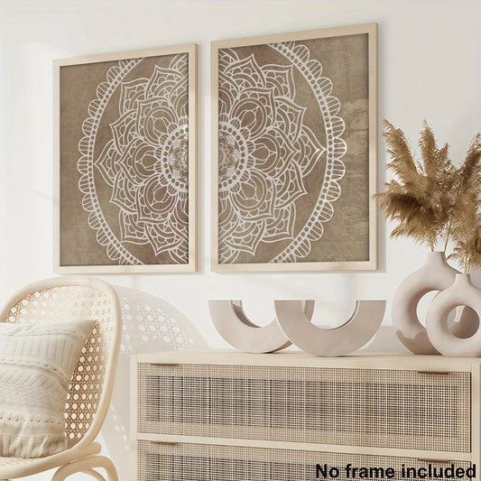 Boho White Mandala Canvas Print Set – Neutral Beige Unframed Wall Art for Modern Living Room, Bedroom & Scandinavian Minimalist Home Décor