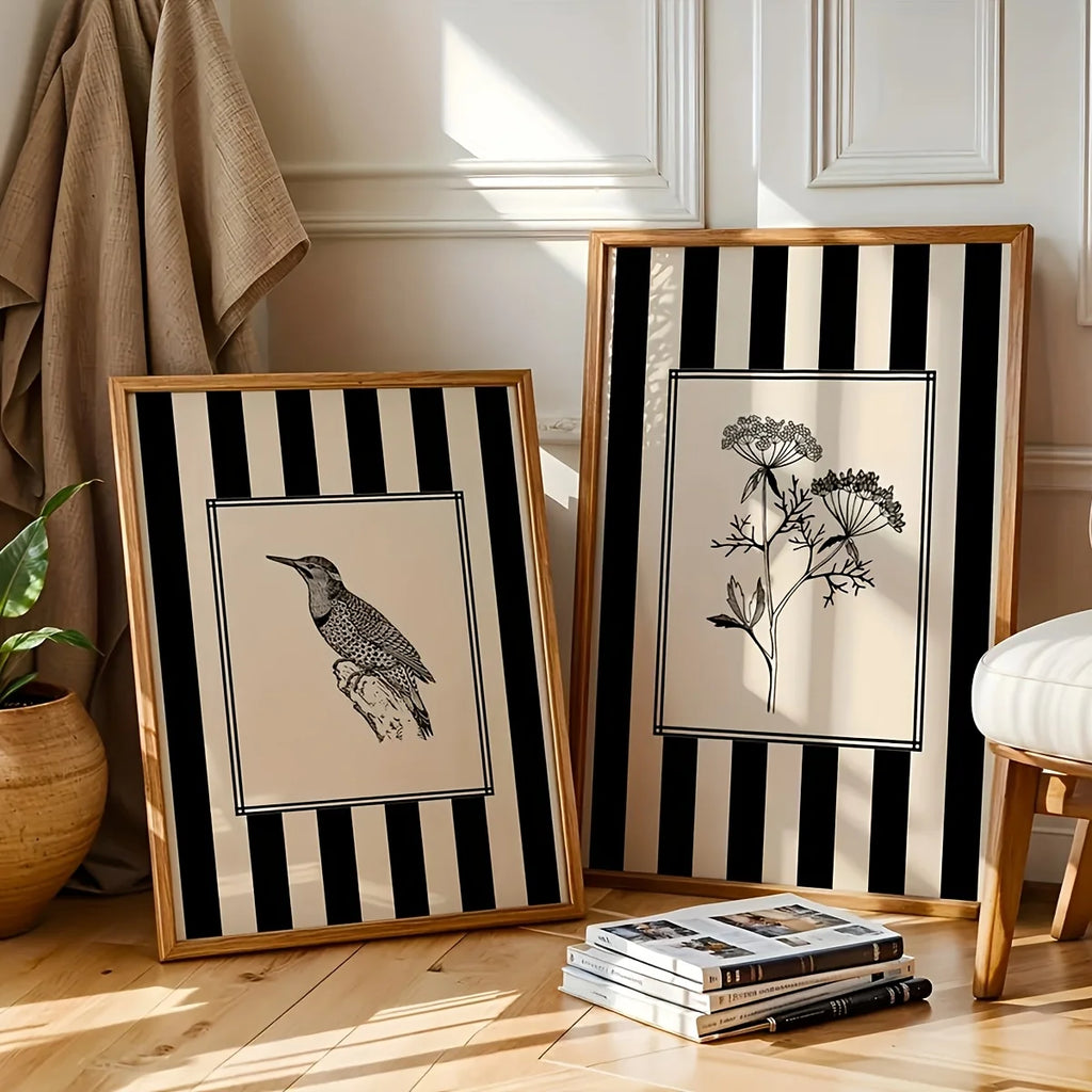 Botanical & Bird Nature Canvas Print Set – Modern Neutral Striped Background Wall Art, Vintage‑Inspired Floral & Wildlife Illustrations