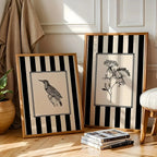 Botanical & Bird Nature Canvas Print Set – Modern Neutral Striped Background Wall Art, Vintage‑Inspired Floral & Wildlife Illustrations