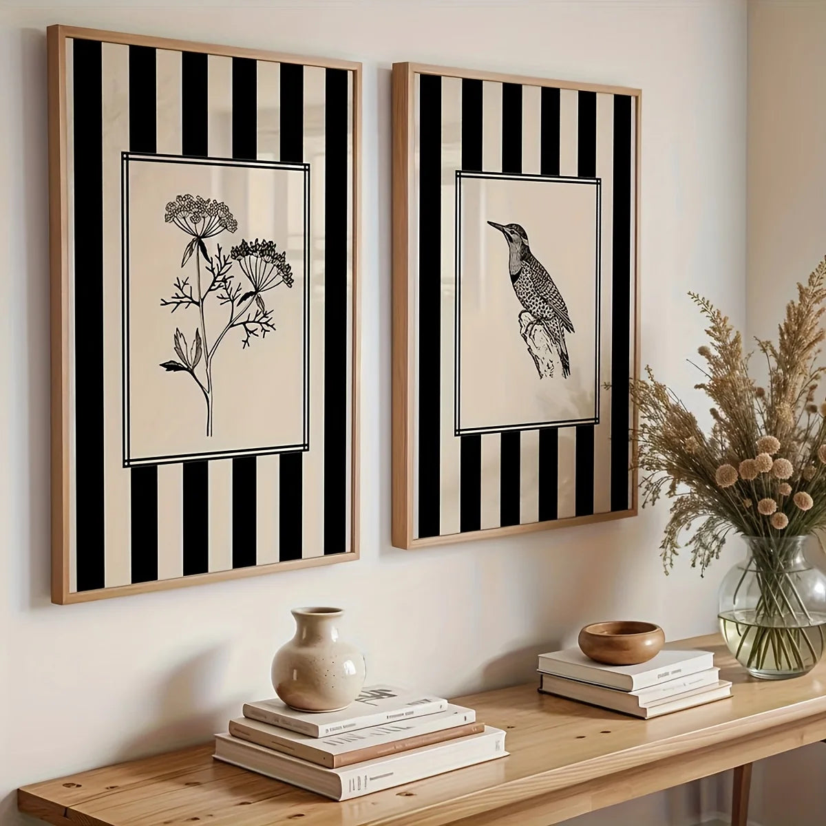 Botanical & Bird Nature Canvas Print Set – Modern Neutral Striped Background Wall Art, Vintage‑Inspired Floral & Wildlife Illustrations