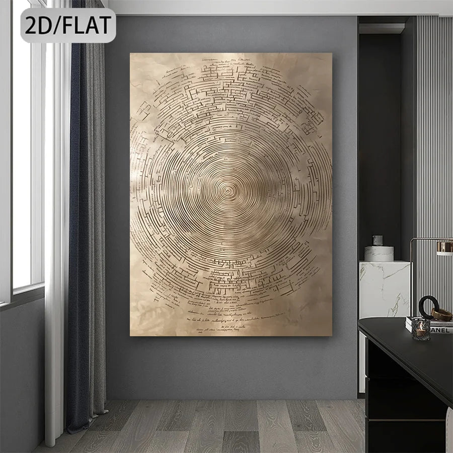 A large vertical canvas wall art print with a circular geometric maze-like pattern in metallic gold and beige tones, displayed on a dark gray wall in a modern room setting. A '2D/FLAT' label is visible in the top-left corner.