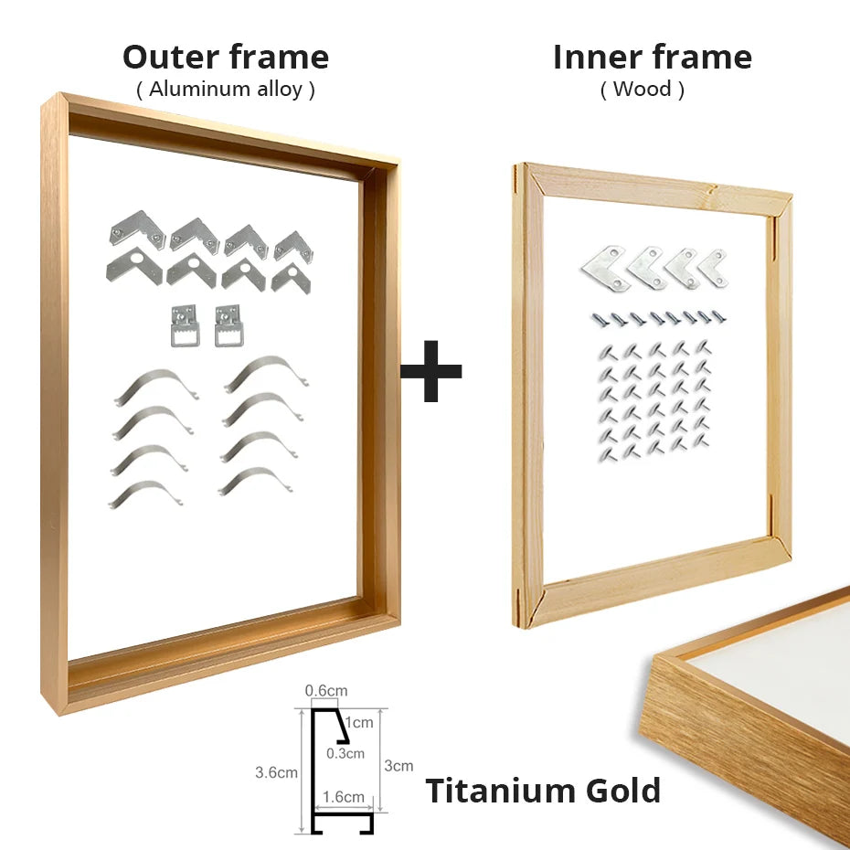Brushed Gold Titanium Walnut Metal Picture Frame Kit 60x90cm 50x70cm DIY Frame Kit For Framing Canvas Prints With Wooden Frame - 8 Colors