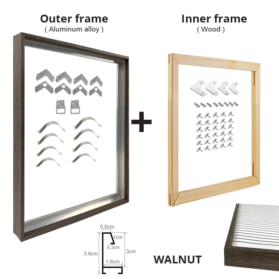 Brushed Gold Titanium Walnut Metal Picture Frame Kit 60x90cm 50x70cm DIY Frame Kit For Framing Canvas Prints With Wooden Frame - 8 Colors